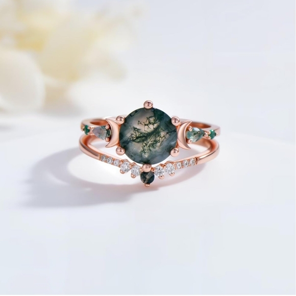 Natural Moss Agate Engagement Ring Set 925 Sterling silver - Picture 4 of 8